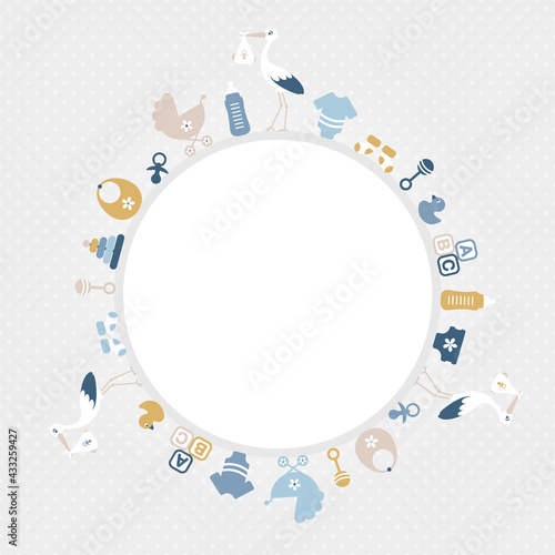 Storch Und Babysymbole Junge Runder Rahmen Retroblau Senfgelb Grau