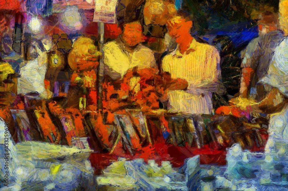 Fototapeta premium Chiang Mai Walking Street Thailand Handicraft market Illustrations creates an impressionist style of painting.
