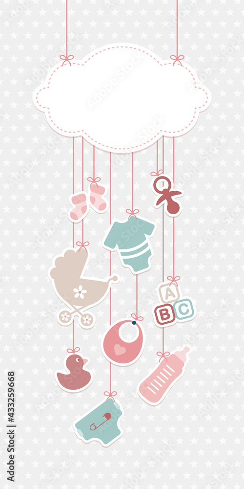 Schmale Karte Hängende Babysymbole Mädchen Unter Wolke Rosa Mintgrün Sterne Grau