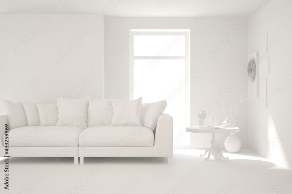 Fototapeta premium White minimalist living room with sofa. Scandinavian interior design. 3D illustration