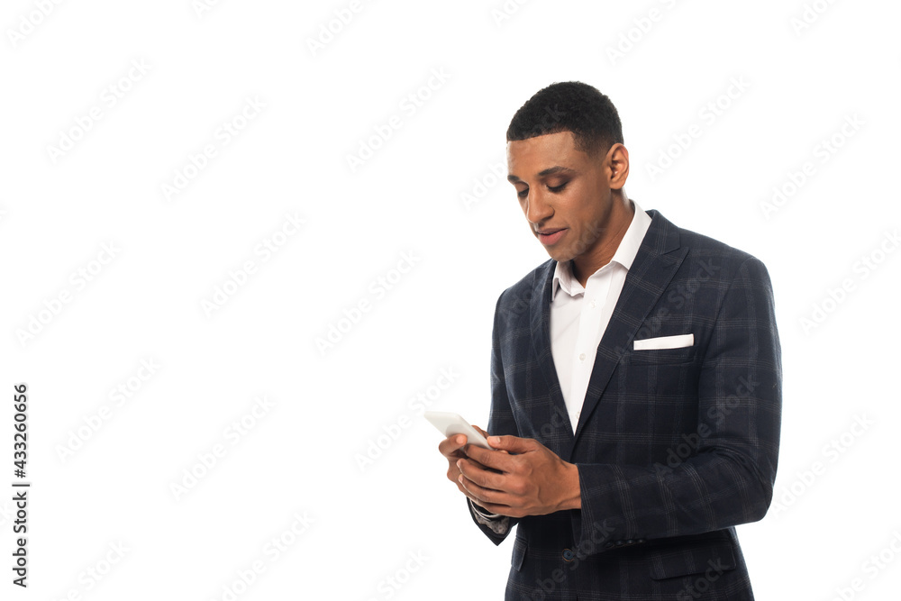 african american homosexual businessman messaging on smartphone isolated on white african american homosexual businessman messaging on smartphone isolated on white