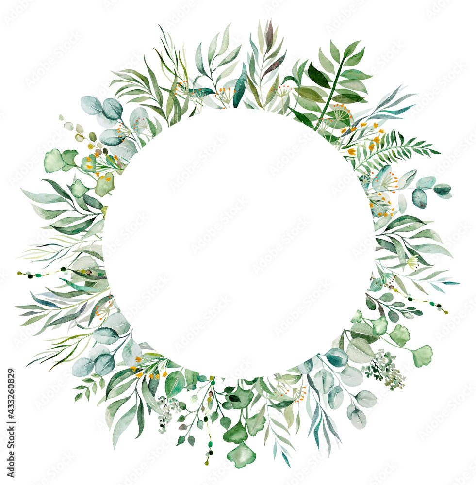 Fototapeta premium Watercolor botanical green leaves frame illustration