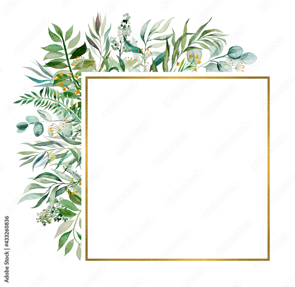 Watercolor botanical green leaves frame illustration
