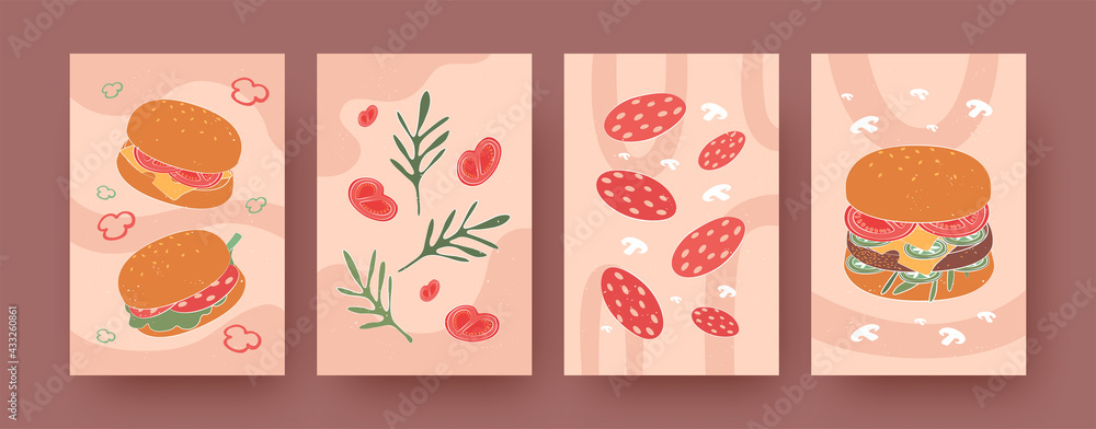 Set of contemporary art posters with burgers and ingredients. Hamburger, salami, vegetables vector illustrations in pastel colors. Fast food for menu designs, social media, postcards, invitation cards