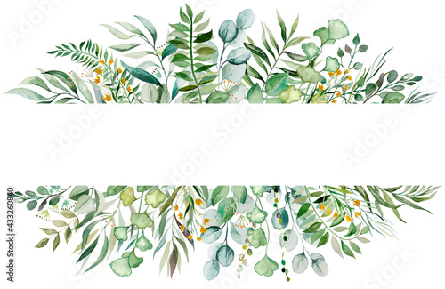 Watercolor botanical green leaves frame illustration