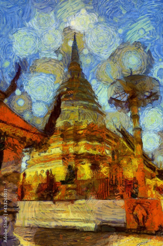 Wat Phra That Doi Suthep Temple Chiang Mai Thailand Illustrations creates an impressionist style of painting. Wat Phra That Doi Suthep Temple Chiang Mai Thailand Illustrations creates an impressionist style of painting.