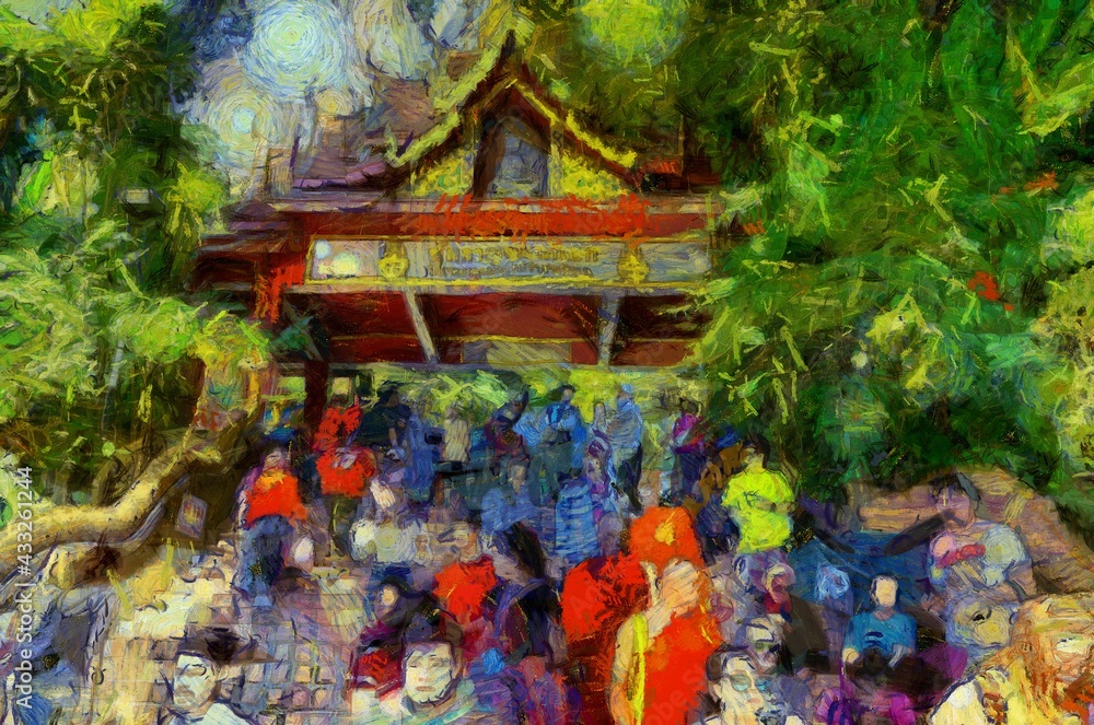 Wat Phra That Doi Suthep temple Tourists walking up and down stairs in tourism Illustrations creates an impressionist style of painting. Wat Phra That Doi Suthep temple Tourists walking up and down stairs in tourism Illustrations creates an impressionist style of painting.