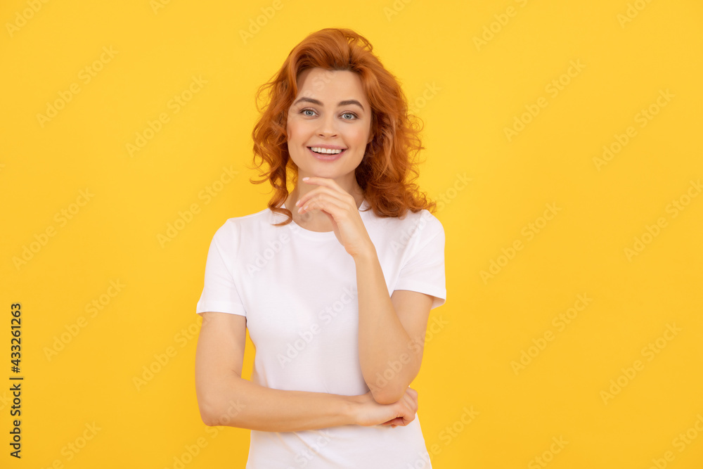 Portrait of beautiful cheerful redhead girl curly hair smiling laughing looking at camera Portrait of beautiful cheerful redhead girl curly hair smiling laughing looking at camera