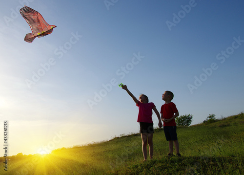 Happy kids boy and girl run with kite © Alekss
