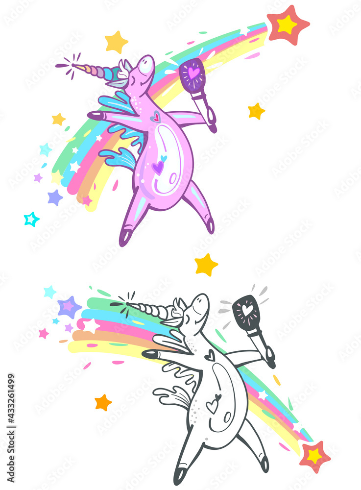 Cute Unicorn dancing and singing in microphone on background of the rainbow