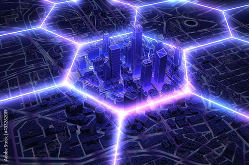 Fototapeta Naklejka Na Ścianę i Meble -  neon hexagon wire shape over dark city aerial view