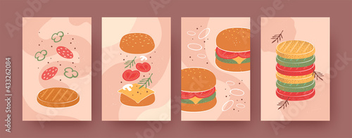 Set of contemporary art posters with hamburger ingredients. Burgers, patties, vegetables vector illustrations in pastel colors. Fast food for menu designs, social media, postcards, invitation cards