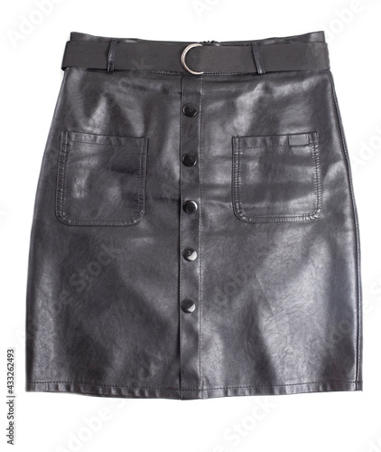 black womens leather skirt with buttons on a white background, isolate. Stylish and sexy