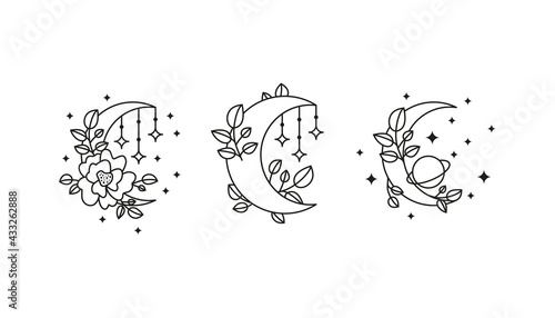 Boho floral crescents moon with flower, leafy branches, stars, planet and jewelry.