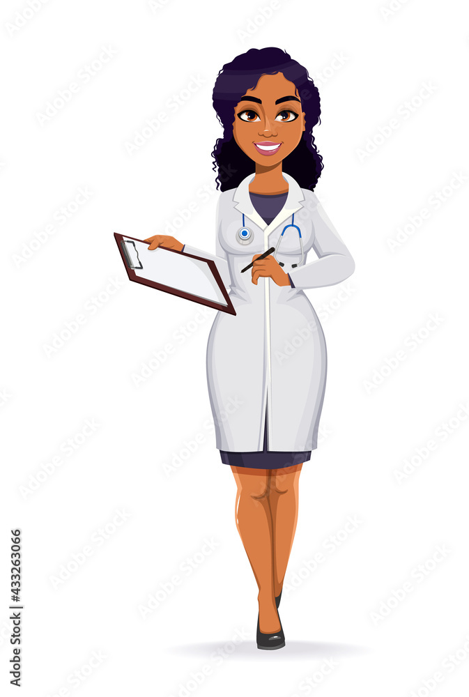 African American female doctor wearing white coat African American female doctor wearing white coat