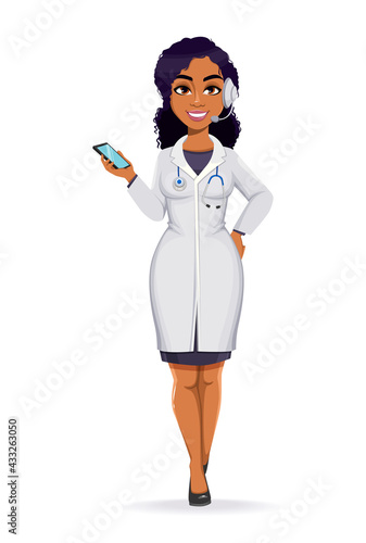 African American female doctor wearing white coat