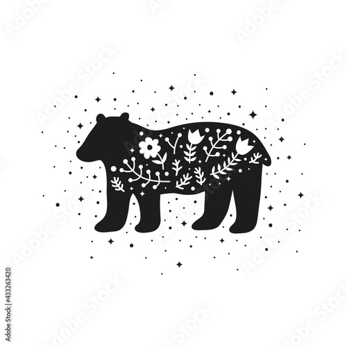 Bear with flowers, berries, leafy branches, stars, dots.