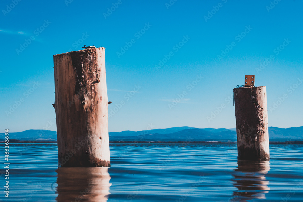 two wooden piles washed by the blue waters of the lake with the mountains in the background