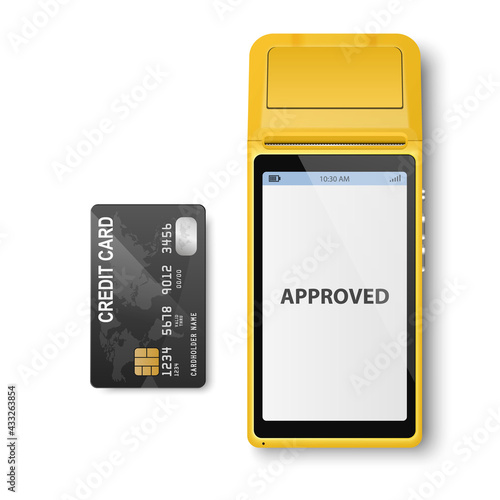 Vector Realistic Yellow 3d Payment Machine. POS Terminal, Credit Card Closeup Isolated. Approved Payment. Design Template of Bank Payment Terminal, Mockup. Processing NFC Payments Device. Top View