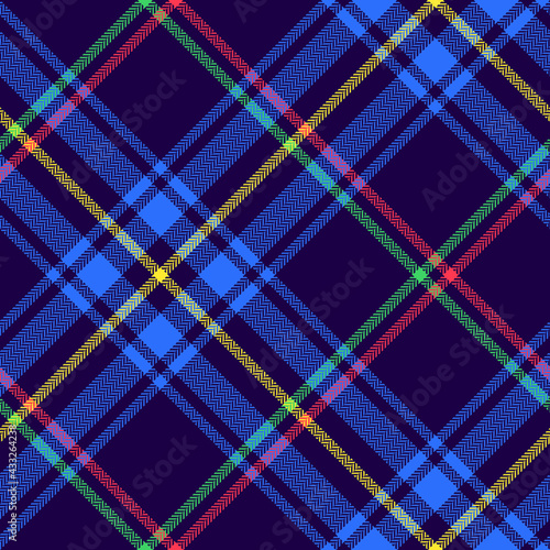 Tartan plaid pattern multicolored in navy blue, neon yellow, pink, green, white. Seamless colorful check vector for duvet, throw, flannel shirt, other modern autumn winter fashion textile print.