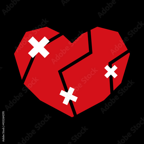 Broken heart sealed with a plaster. Breakup. Heart disease. Simple flat design.