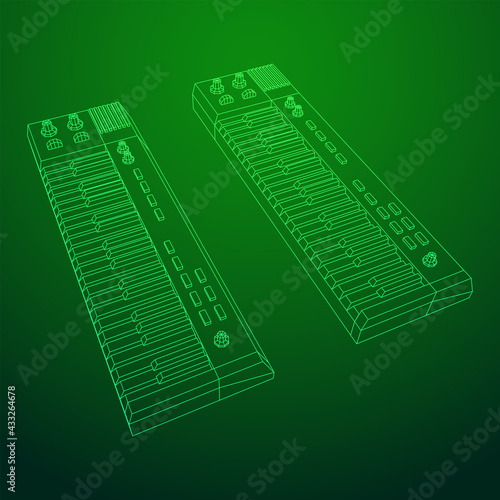 Piano roll analog synthesizer faders buttons knobs. Wireframe low poly mesh vector illustration.
