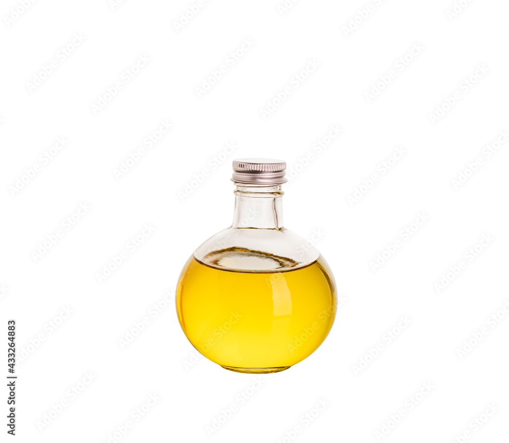 Glass bottles with organic natural vegetable oil made from flax seeds, sunflower, nuts, sesame and rice, isolated on white background. Glass bottles with organic natural vegetable oil made from flax seeds, sunflower, nuts, sesame and rice, isolated on white background.
