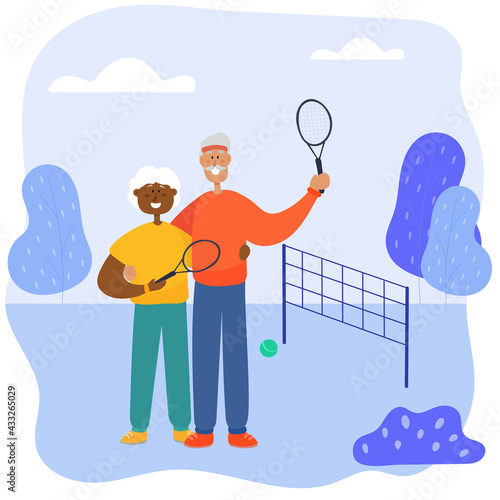 Babushka and grandmother play tennis in the park. Grandfather and black grandmother spend time actively together.