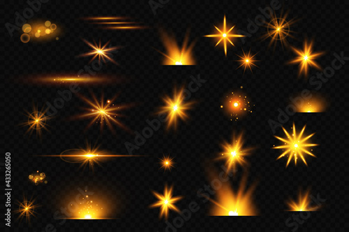 Light effects set  golden stars  bokeh glittering particles.