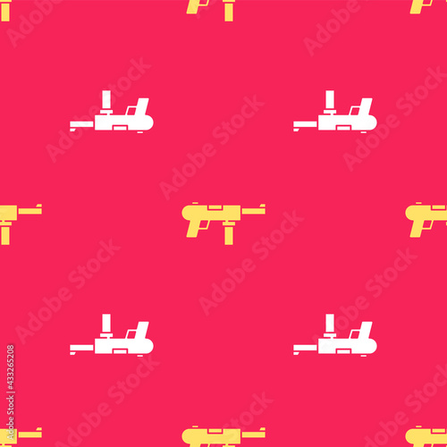 Yellow Submachine gun M3, Grease gun icon isolated seamless pattern on red background. Vector