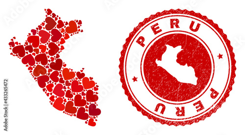 Mosaic Peru map created with red love hearts, and scratched seal stamp. Vector lovely round red rubber stamp imitation with Peru map inside.