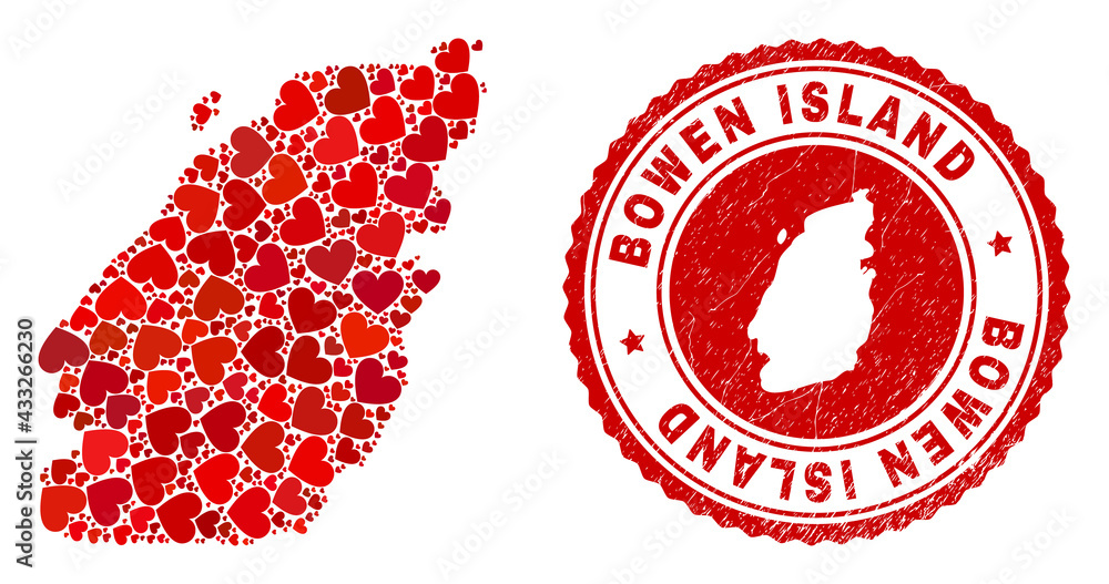 Mosaic Bowen Island map composed with red love hearts, and unclean seal. Vector lovely round red rubber seal imitation with Bowen Island map inside. Mosaic Bowen Island map composed with red love hearts, and unclean seal. Vector lovely round red rubber seal imitation with Bowen Island map inside.