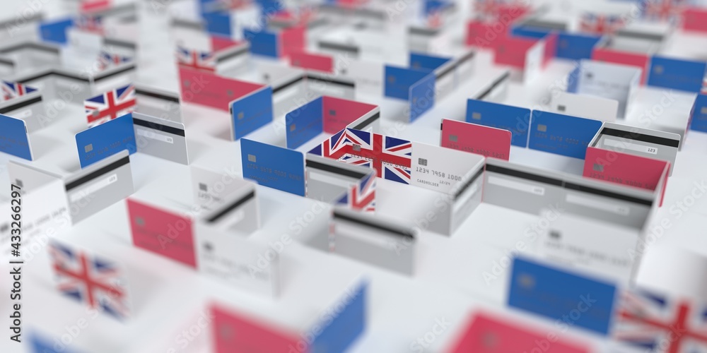 Fictional credit card maze with flag of the United Kingdom. Financial difficulties related 3D rendering Fictional credit card maze with flag of the United Kingdom. Financial difficulties related 3D rendering