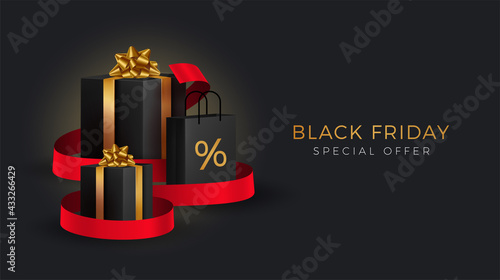 Black friday sale background with beautiful balloons and flying serpentine. Modern design.Universal vector background for poster, banners, flyers, card,advertising brochure
