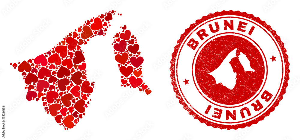 Mosaic Brunei map formed from red love hearts, and rubber seal stamp. Vector lovely round red rubber seal imitation with Brunei map inside. Mosaic Brunei map formed from red love hearts, and rubber seal stamp. Vector lovely round red rubber seal imitation with Brunei map inside.