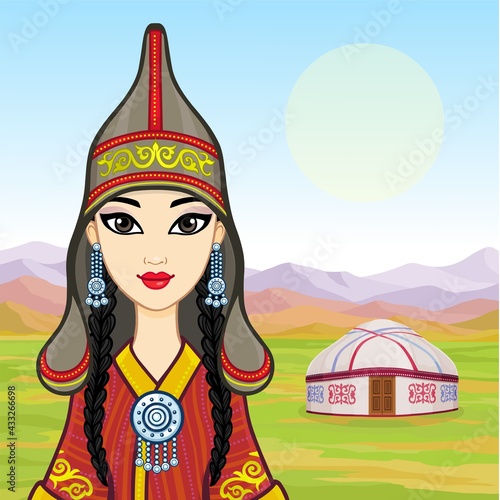 Asian beauty. Animation portrait of a beautiful girl in ancient national cap and jewelry. Central Asia. Background - mountain landscape, ancient yurt. Dwelling of nomads. Vector illustration. 