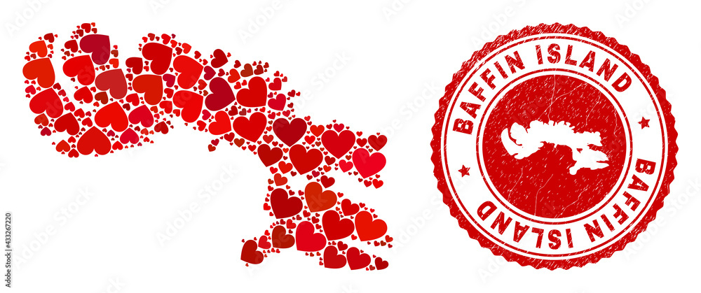 Mosaic Baffin Island map composed with red love hearts, and grunge stamp. Vector lovely round red rubber seal stamp imitation with Baffin Island map inside. Mosaic Baffin Island map composed with red love hearts, and grunge stamp. Vector lovely round red rubber seal stamp imitation with Baffin Island map inside.