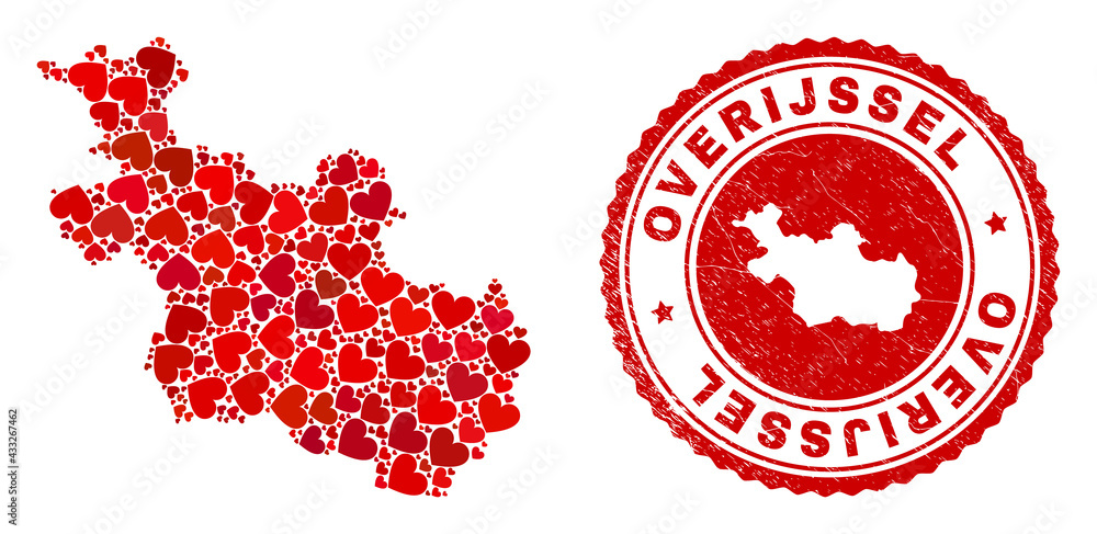 Mosaic Overijssel Province map composed with red love hearts, and grunge seal. Vector lovely round red rubber badge imitation with Overijssel Province map inside. Mosaic Overijssel Province map composed with red love hearts, and grunge seal. Vector lovely round red rubber badge imitation with Overijssel Province map inside.