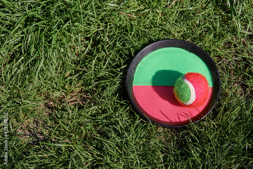 Foto a ball and a plate of bright green and pink color lies on green grass with a bri