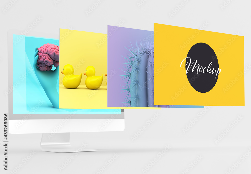 Perspective Desktop Computer with Floating Screens Mockup Stock