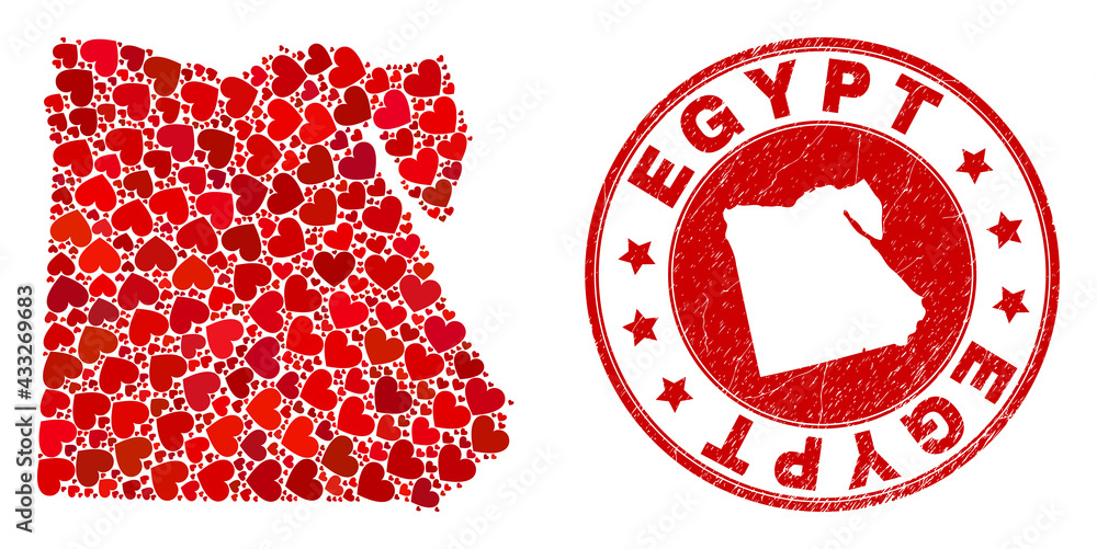 Collage Egypt map created with red love hearts, and rubber seal stamp. Vector lovely round red rubber seal stamp imprint with Egypt map inside. Collage Egypt map created with red love hearts, and rubber seal stamp. Vector lovely round red rubber seal stamp imprint with Egypt map inside.