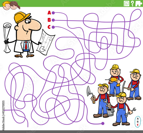educational maze game with cartoon architect and builders