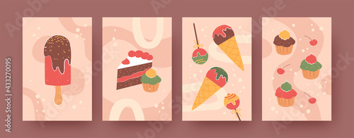 Set of contemporary posters with sweet treats. Ice creams, piece of cake, cupcake, cherries pastel vector illustrations. Sweets, desserts concept for social media designs, postcards, invitation cards