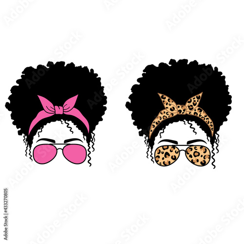 Woman face with aviator glasses bandana and leopard print. Afro Women. Messy Bun Mom Lifestyle. Vector illustration.  Isolated on white background. Good for posters, t shirts, postcards.