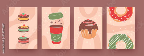 Set of contemporary posters with biscuits, coffee and donuts. Muffin, doughnuts, cup pastel vector illustrations. Sweets, desserts concept for social media designs, postcards, invitation cards