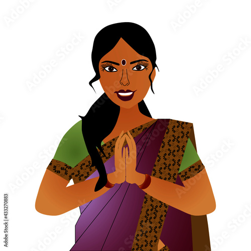 Indian Woman wearing Sari saying Namaste, isolated on white