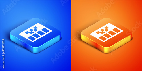 Isometric Taximeter device icon isolated on blue and orange background. Measurement appliance for passenger fare in taxi car. Square button. Vector