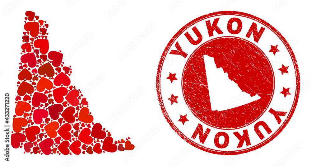 Mosaic Yukon Province map designed with red love hearts, and unclean seal stamp. Vector lovely round red rubber seal stamp imitation with Yukon Province map inside. Mosaic Yukon Province map designed with red love hearts, and unclean seal stamp. Vector lovely round red rubber seal stamp imitation with Yukon Province map inside.