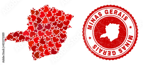 Mosaic Minas Gerais State map composed with red love hearts, and textured seal. Vector lovely round red rubber seal imprint with Minas Gerais State map inside.
