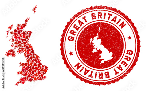 Mosaic United Kingdom map created with red love hearts, and rubber seal stamp. Vector lovely round red rubber seal imitation with United Kingdom map inside.